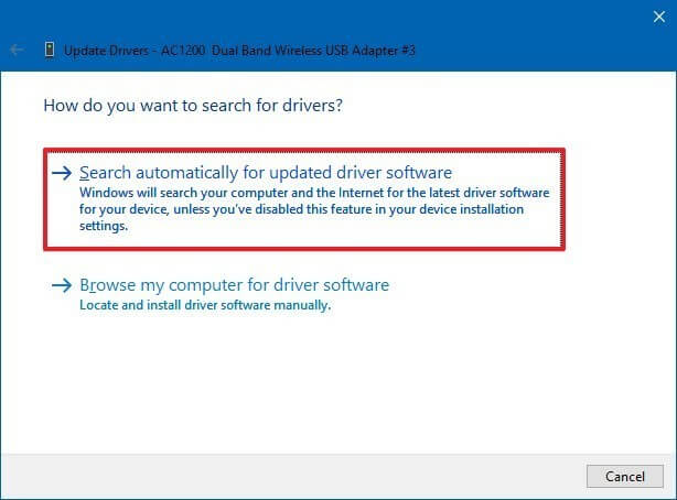 opzione Cerca per aggiornare automaticamente il software del driver.