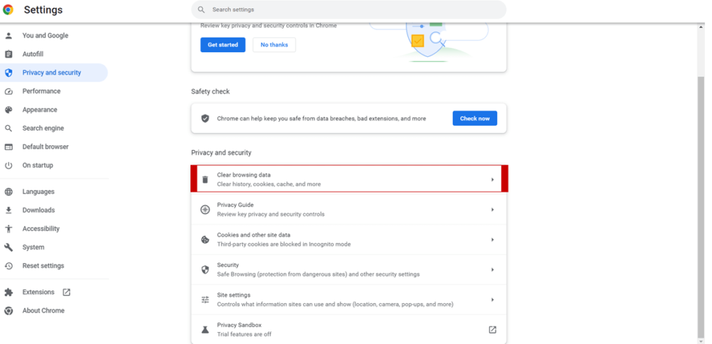 Cancella cache e cookie