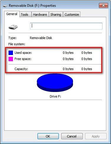 Scheda SD che mostra 0 byte