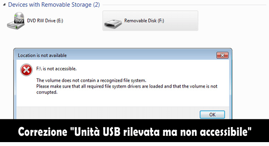 Correzione "Unità USB rilevata ma non accessibile"